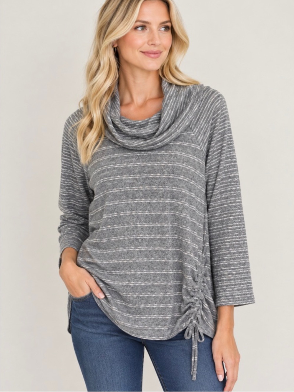 DressBarn Sunday Gray Striped Cowl Neck Sweater